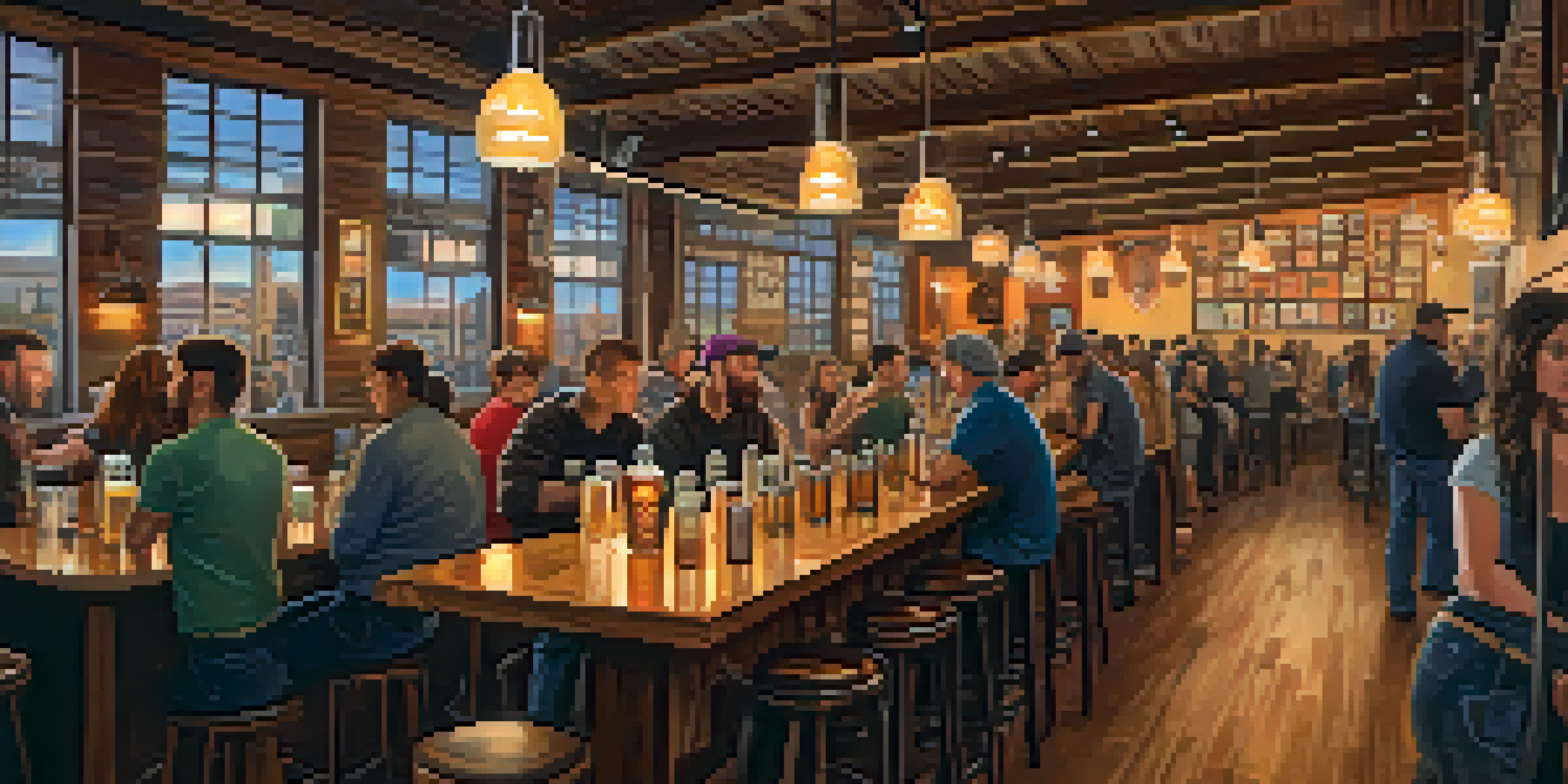 A lively craft brewery in San Francisco with people enjoying beers, wooden tables, barrels, and colorful artwork under warm lighting.