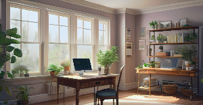 A cozy home office with a wooden desk, laptop, and potted plants, bathed in natural light.