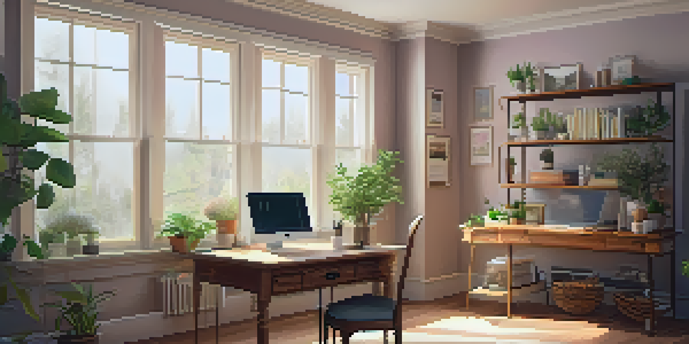 A cozy home office with a wooden desk, laptop, and potted plants, bathed in natural light.