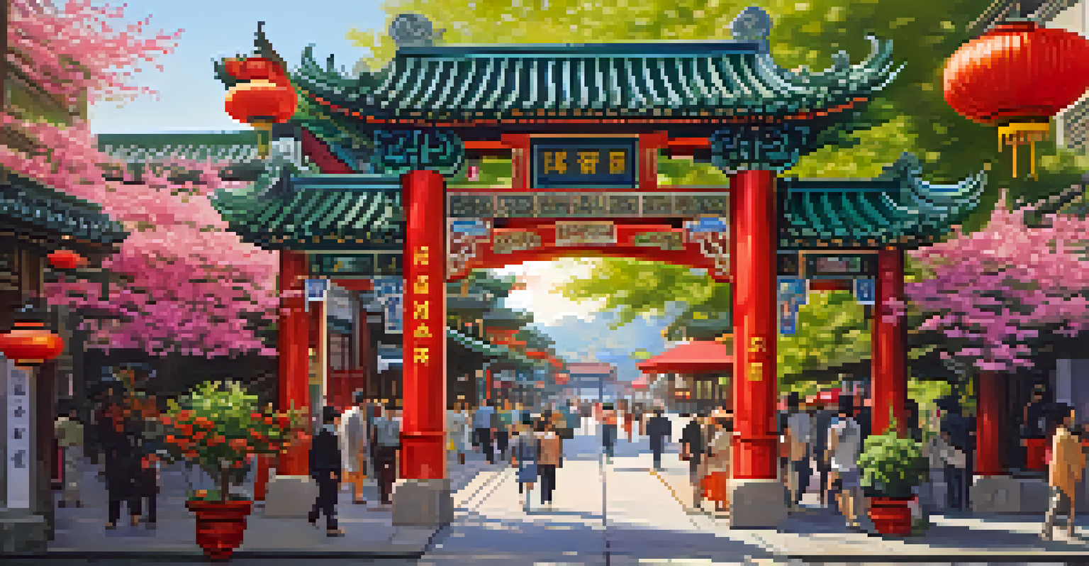 The ornate Dragon Gate in Chinatown, surrounded by flowers and greenery, with people walking underneath.