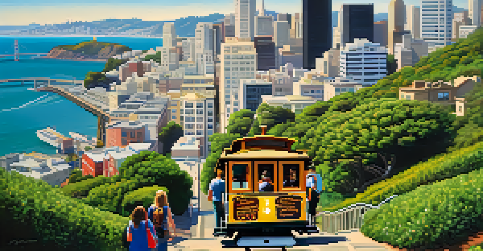 A cable car climbing a steep hill in San Francisco, surrounded by greenery and a view of the bay, with tourists on board taking photos.