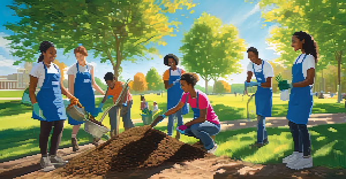A diverse group of students planting trees in a park, smiling and working together under a blue sky.