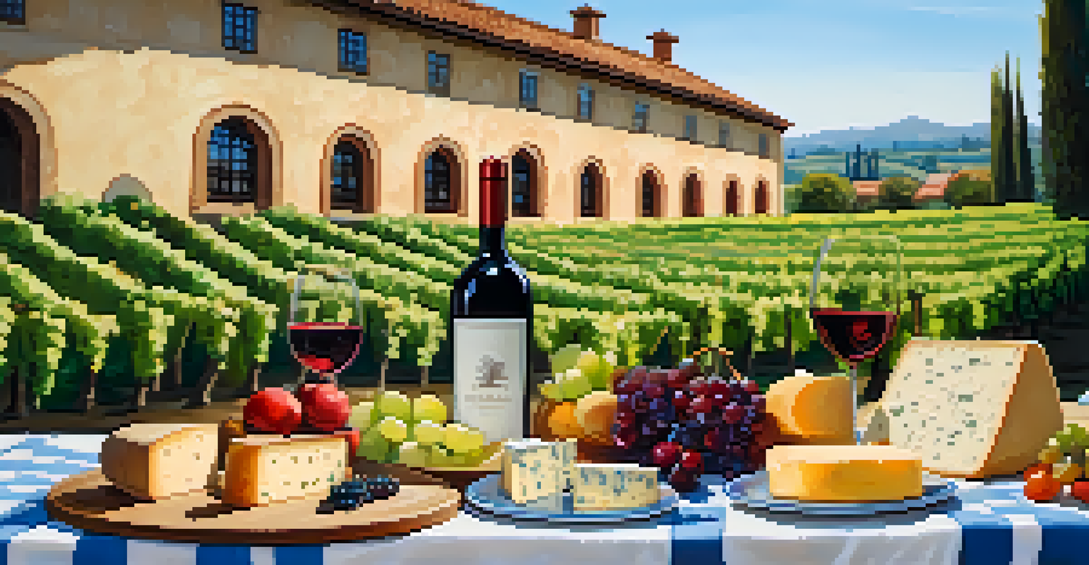 A picnic setup at V. Sattui Winery with cheese and wine, surrounded by the winery's architecture and gardens.