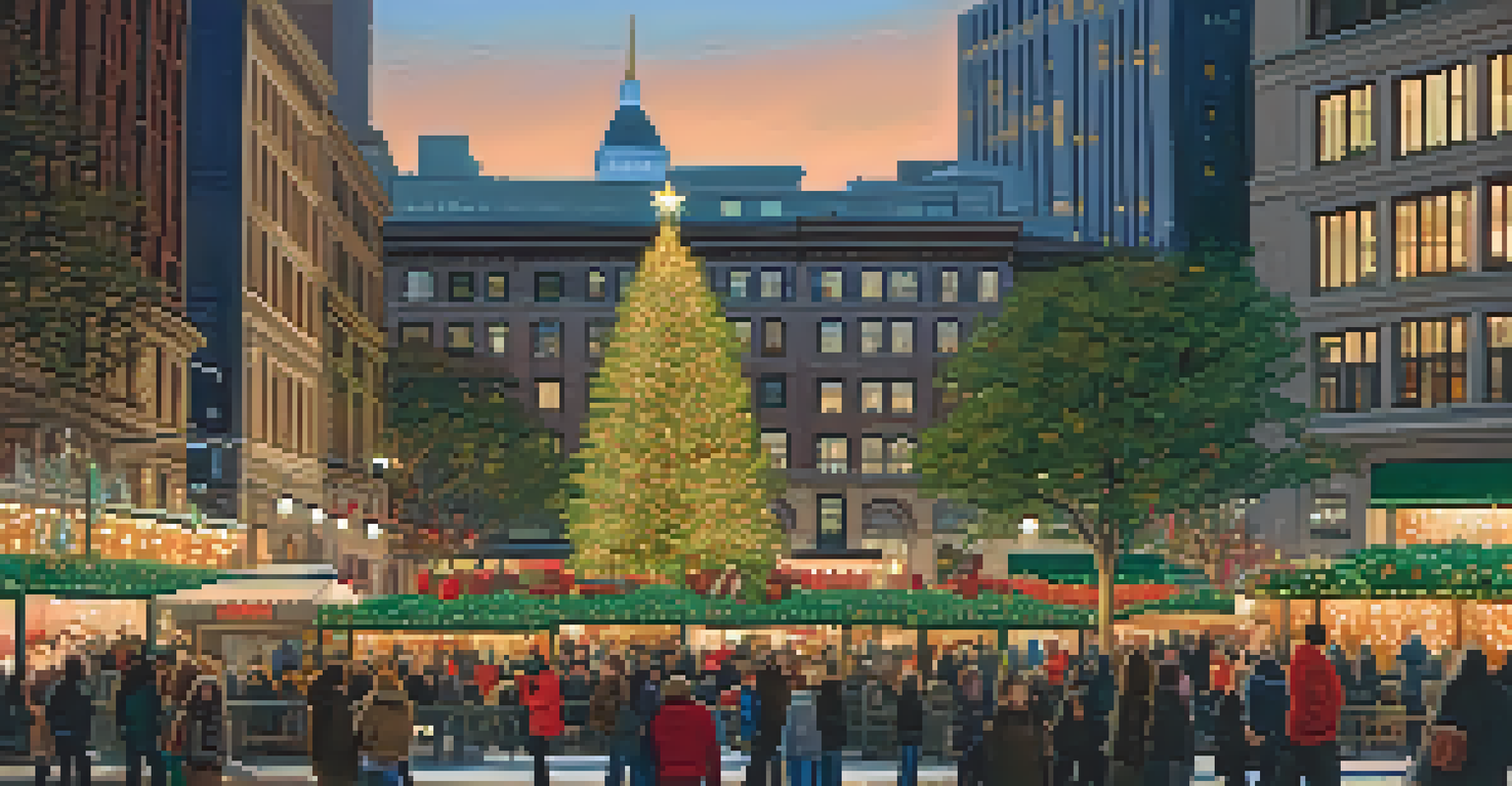 Union Square transformed into a winter wonderland with a large Christmas tree and festive lights, bustling with holiday shoppers.