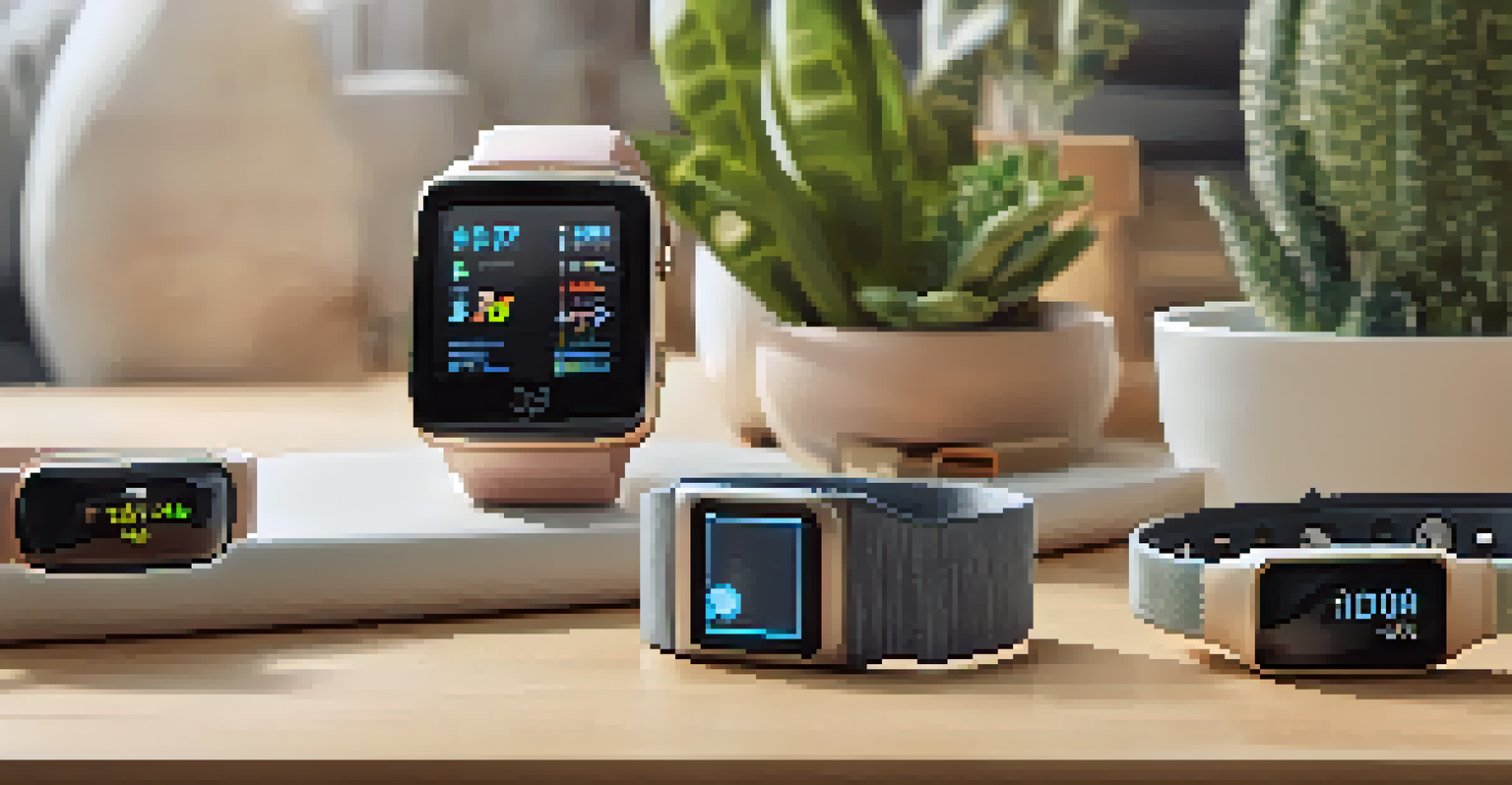 Wearable health tech devices like smartwatches and fitness bands on a wooden table in a modern living room.