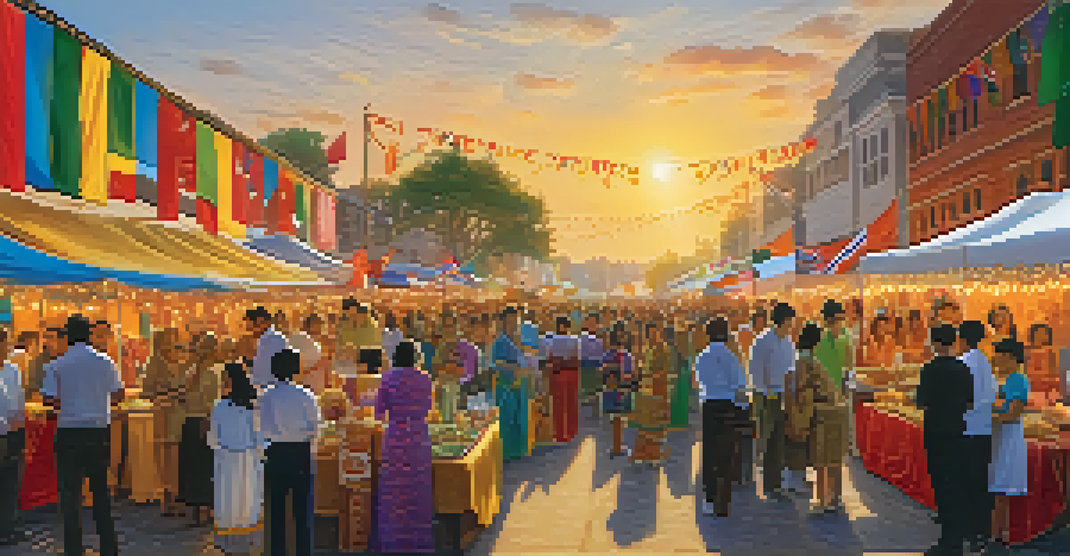 A lively outdoor community event showcasing cultural diversity with booths, traditional clothing, and performances, enhanced by a sunset glow.