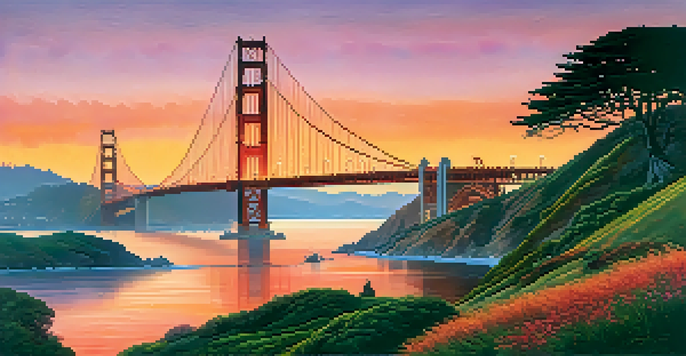 A scenic sunset view of the Golden Gate Bridge with fog, showcasing the vibrant colors of the sky and the San Francisco skyline in the background.