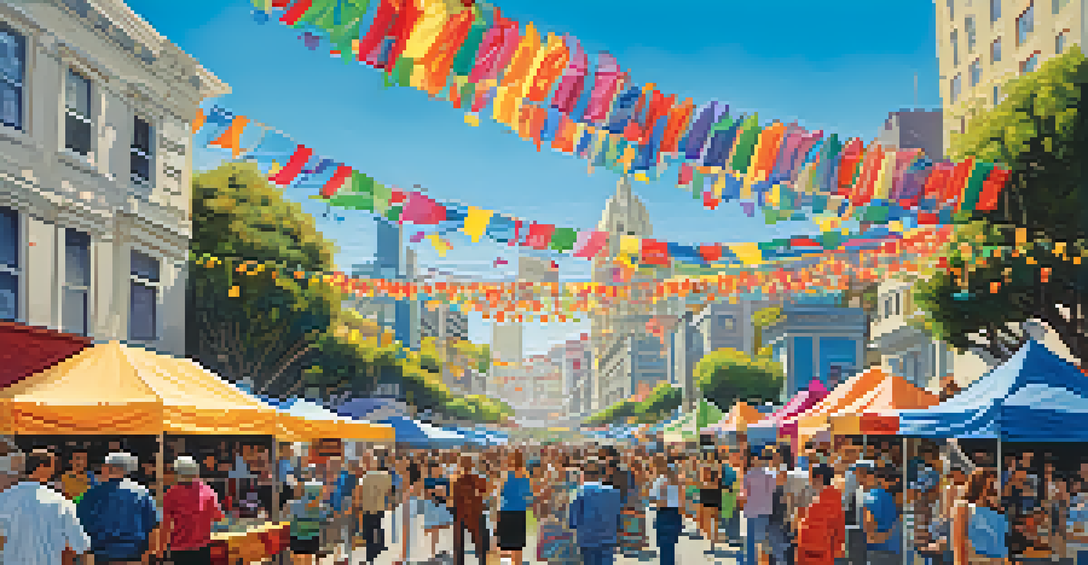 A bustling community arts festival in San Francisco with artists and attendees enjoying various activities.