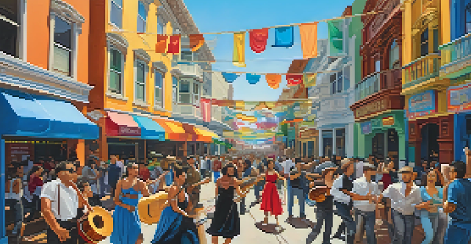 A bustling street in San Francisco's Mission District filled with people enjoying a Latin music festival, with musicians and colorful decorations.