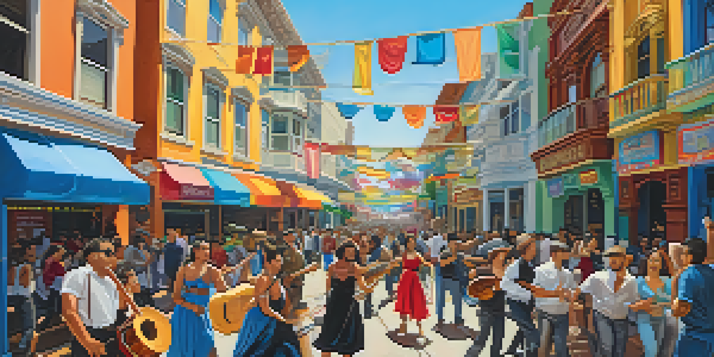 A bustling street in San Francisco's Mission District filled with people enjoying a Latin music festival, with musicians and colorful decorations.