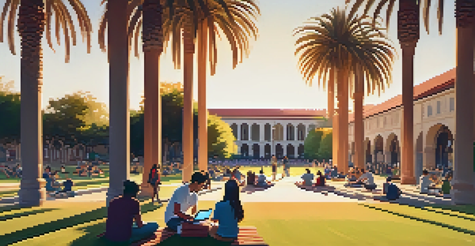 An outdoor scene at Stanford University with students collaborating on a laptop amidst palm trees and the setting sun.