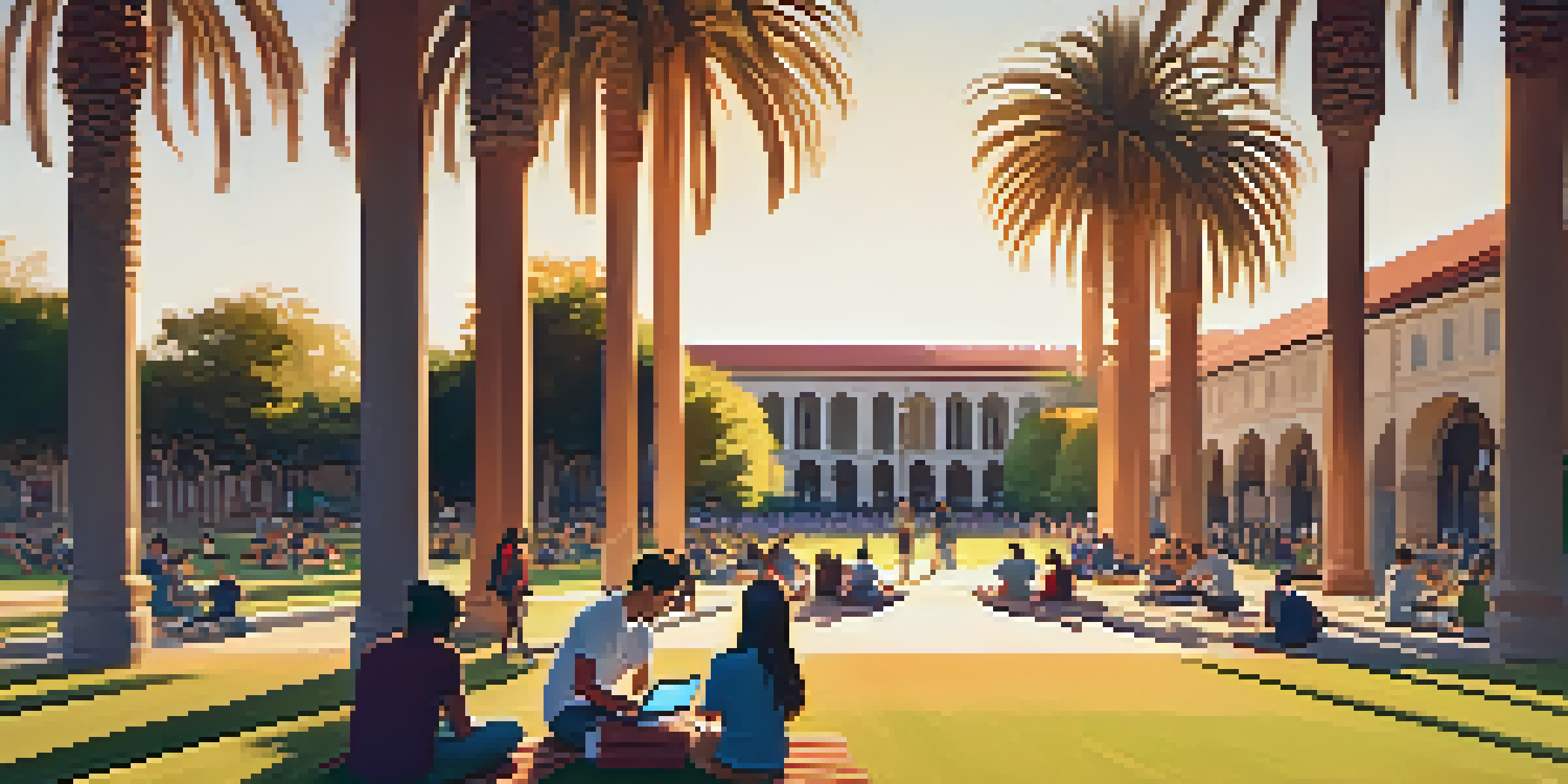 An outdoor scene at Stanford University with students collaborating on a laptop amidst palm trees and the setting sun.