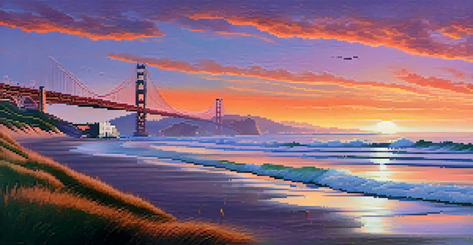 A sunset view of San Francisco's coastline with waves and a skyline in the background, featuring silhouettes of seagulls.
