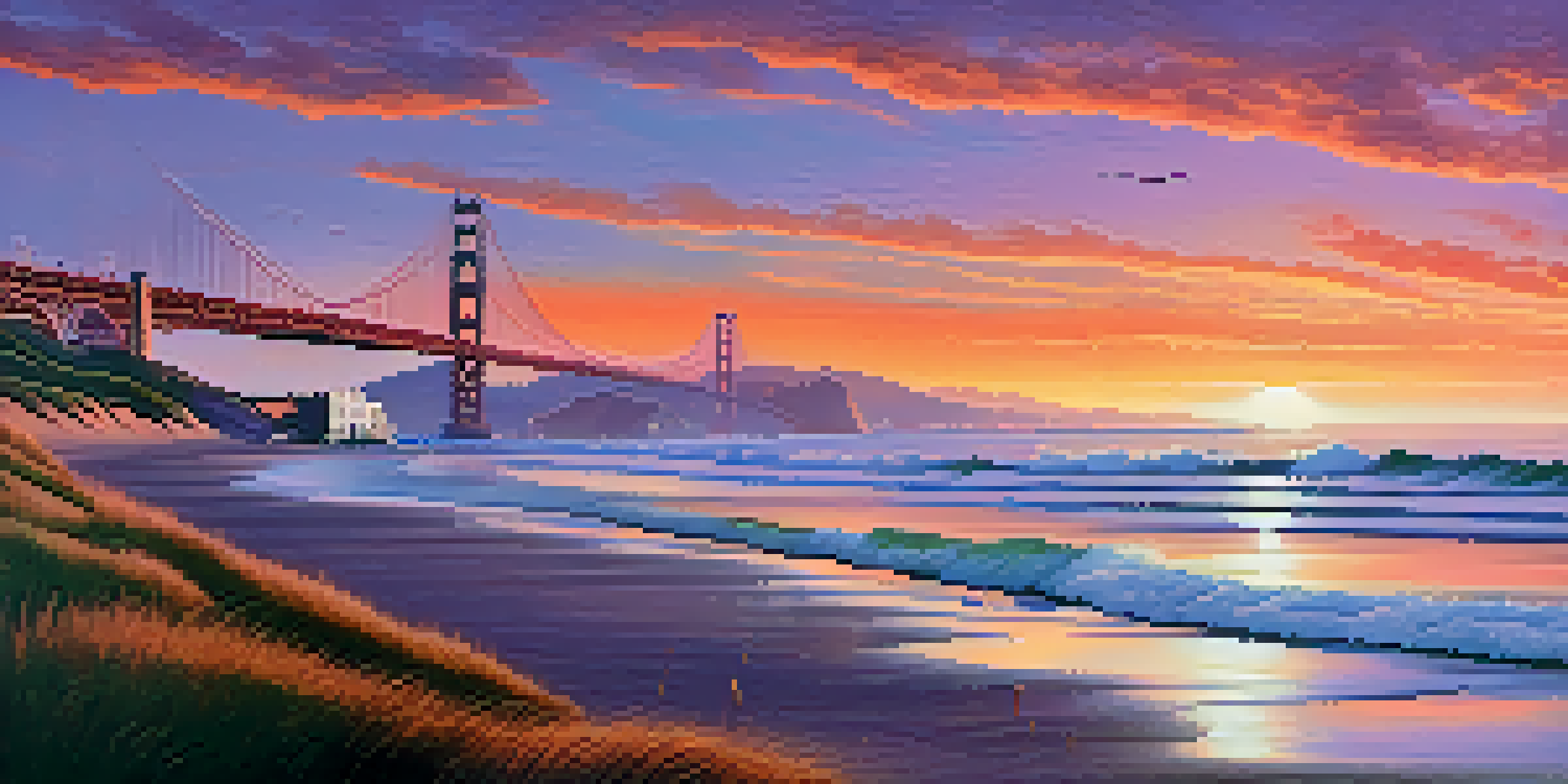 A sunset view of San Francisco's coastline with waves and a skyline in the background, featuring silhouettes of seagulls.