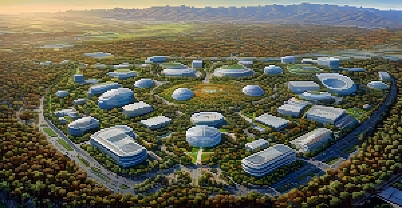 An aerial perspective of Silicon Valley showing tech campuses amidst greenery and blue skies.