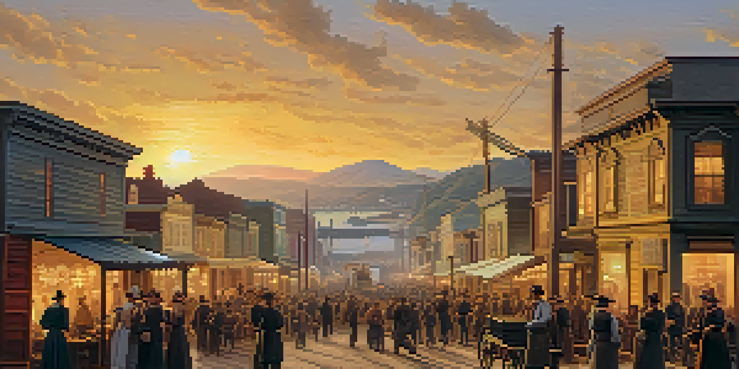 A busy street in 19th century San Francisco during the gold rush, with miners and merchants in period clothing and makeshift buildings.