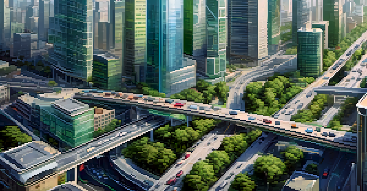 Aerial view of a city showing roads with sensors and cameras, displaying smooth traffic flow and areas of congestion amidst green spaces and skyscrapers.