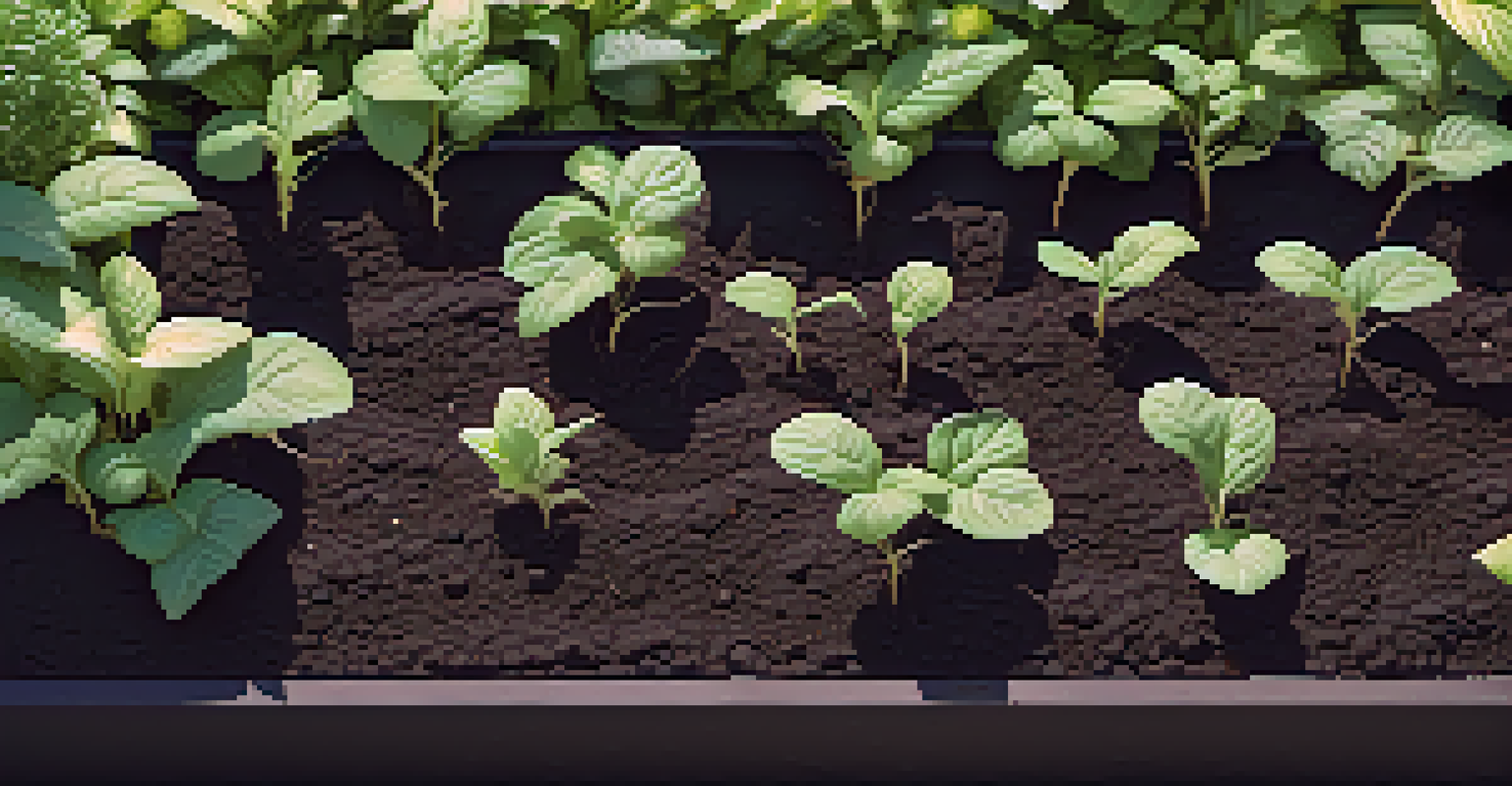 A close-up view of dark soil in a raised garden bed with seedlings, illuminated by sunlight filtering through leaves.