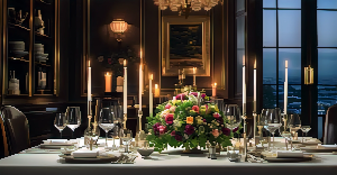 A Michelin-starred dining table elegantly set with exquisite dishes, fine tableware, and soft candlelight, surrounded by a luxurious restaurant ambiance.