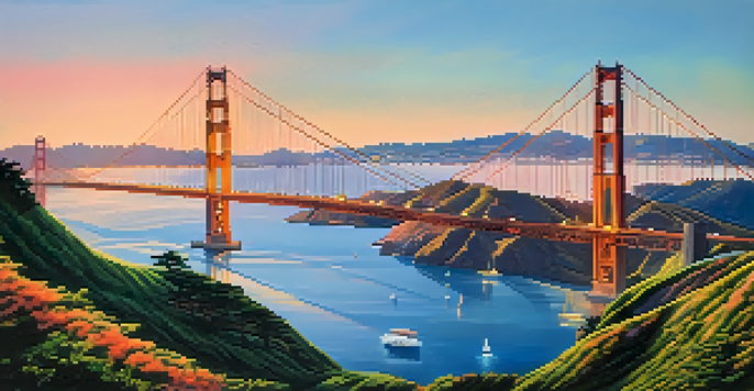 A scenic sunset view of the Golden Gate Bridge with colorful reflections on the water and sailboats in the foreground.