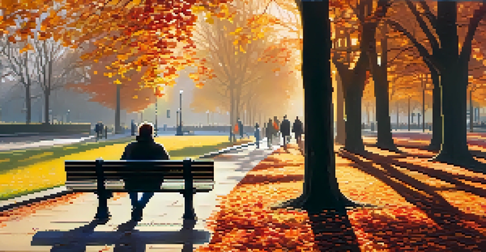 A picturesque scene of Hyde Park in autumn with colorful leaves, a couple walking, and the London skyline in the background.