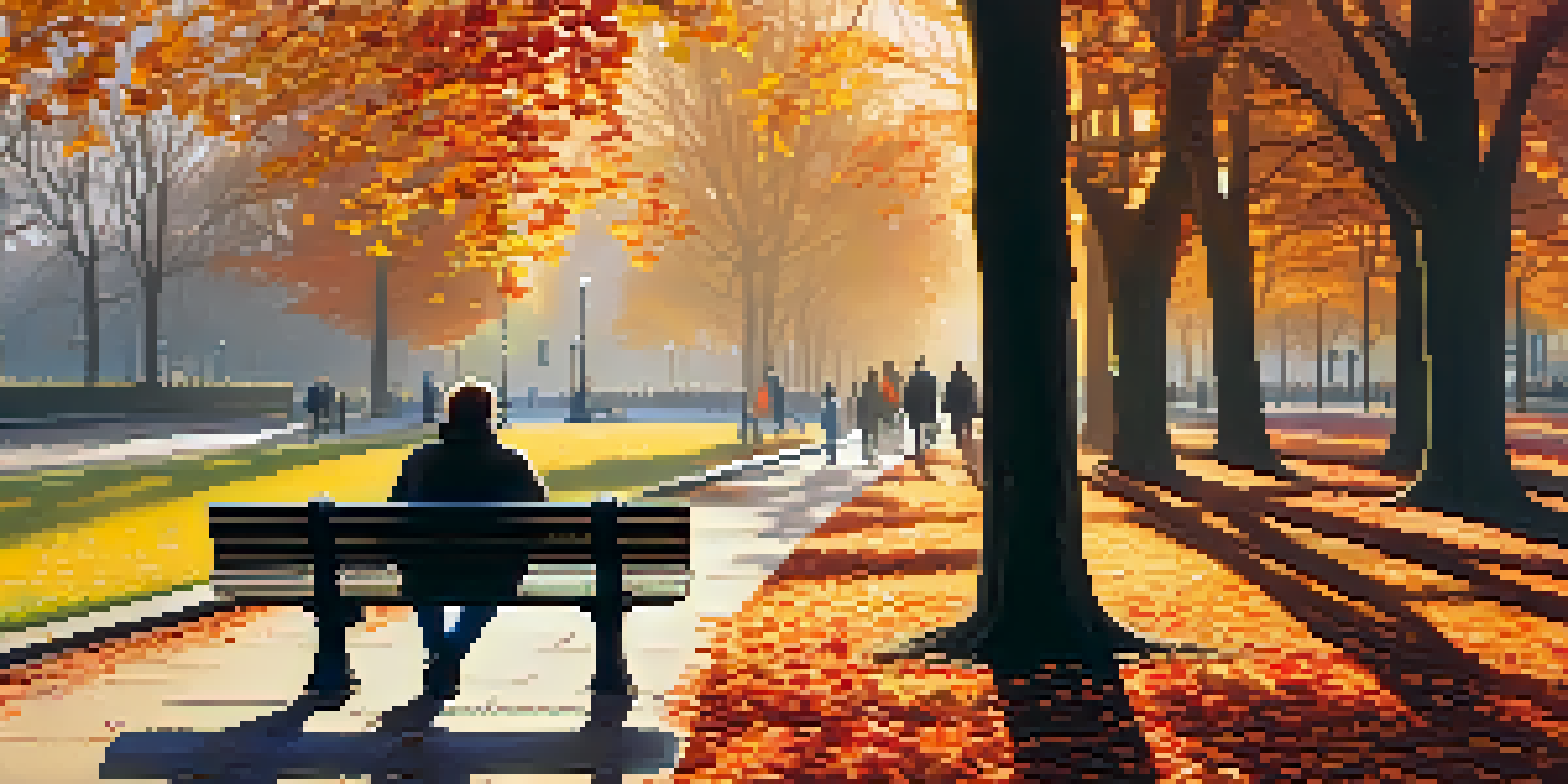 A picturesque scene of Hyde Park in autumn with colorful leaves, a couple walking, and the London skyline in the background.