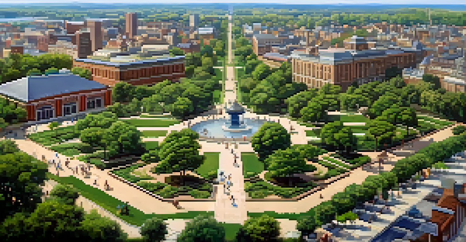 An aerial perspective of a city park featuring a restored historical landmark, surrounded by greenery and filled with families enjoying outdoor activities.