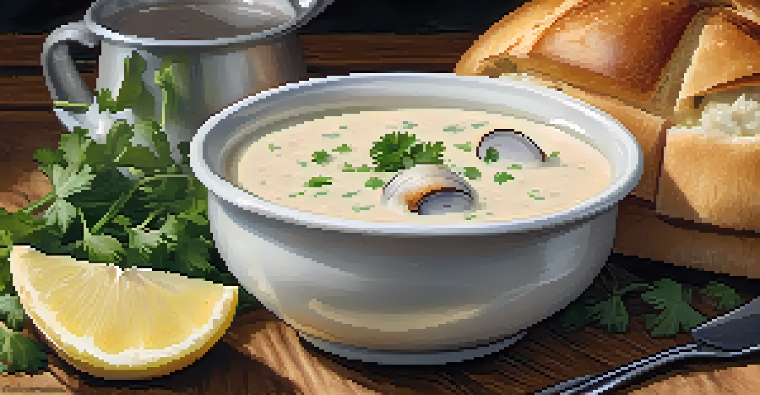A close-up of clam chowder in a sourdough bread bowl, garnished with parsley, showcasing creamy soup with clams and potatoes.
