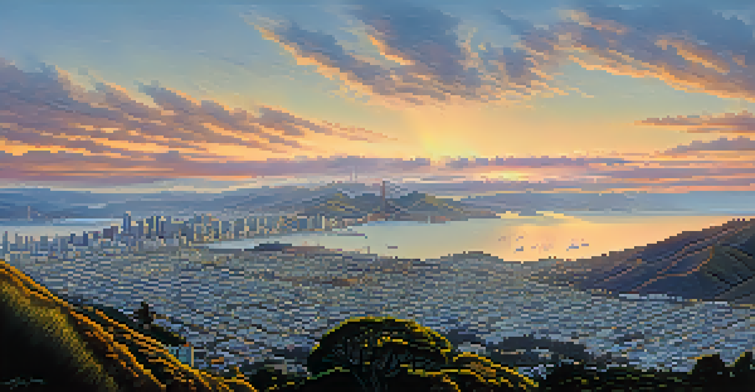 A breathtaking view of San Francisco from Twin Peaks during sunrise, showcasing the skyline and Golden Gate Bridge.