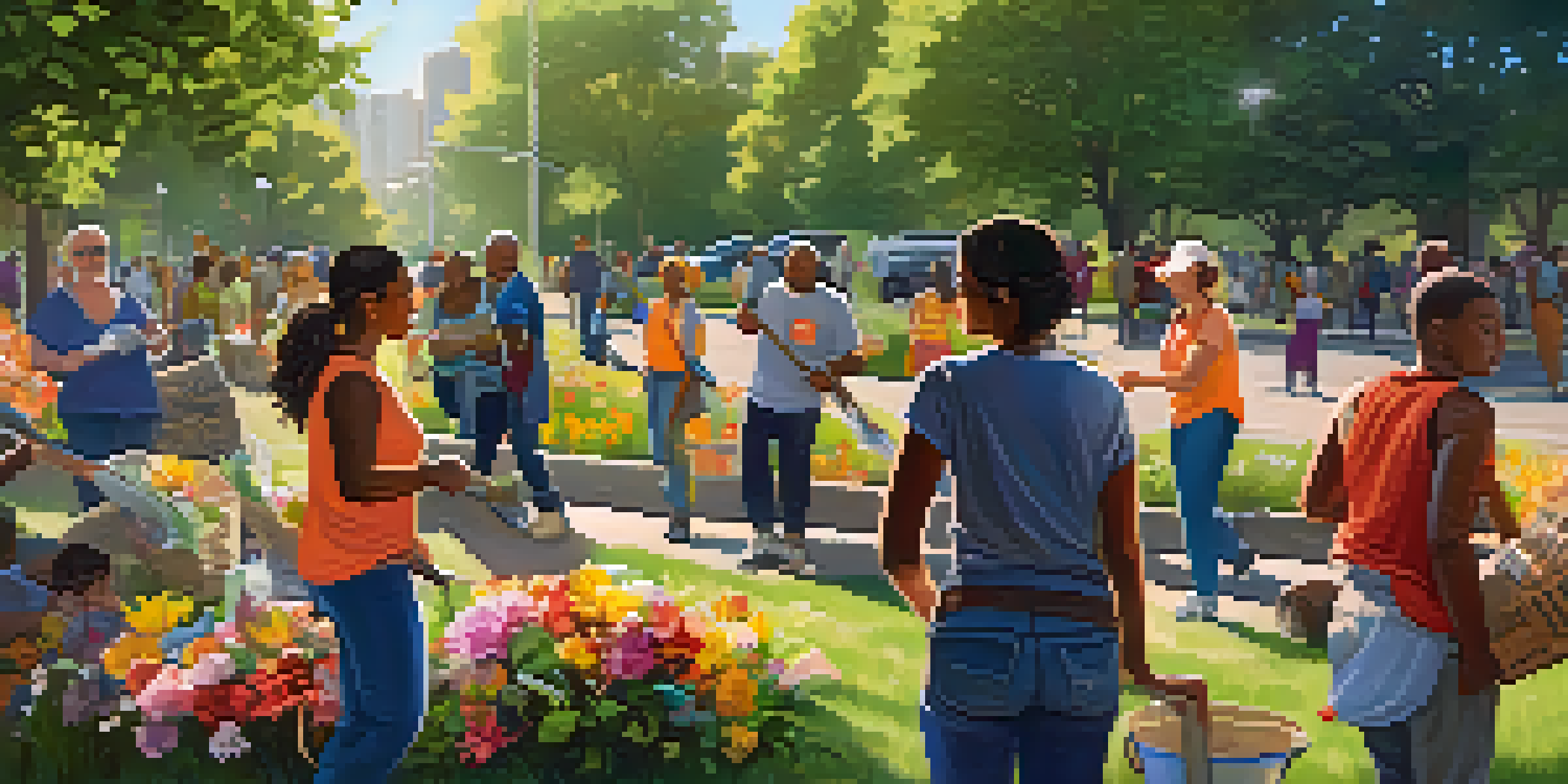 A diverse group of community members engaged in a park cleanup, with bright sunlight and blooming flowers around them.