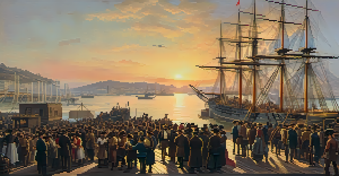 A historical scene of San Francisco during the Gold Rush, with diverse people arriving at a port, tents, and wooden structures.