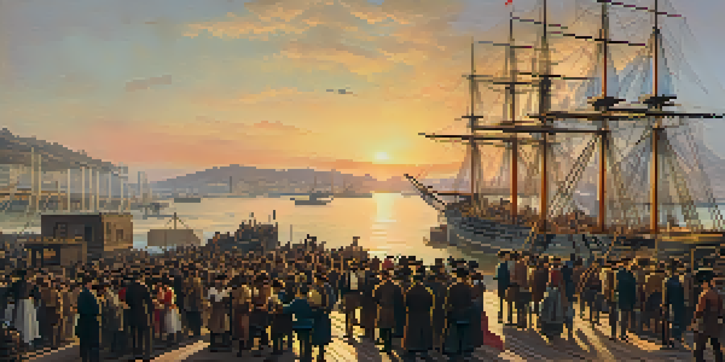 A historical scene of San Francisco during the Gold Rush, with diverse people arriving at a port, tents, and wooden structures.