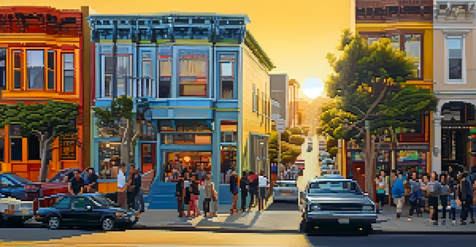 A lively street in the Mission District of San Francisco, filled with colorful murals, pedestrians, and trees, under a warm sunset.