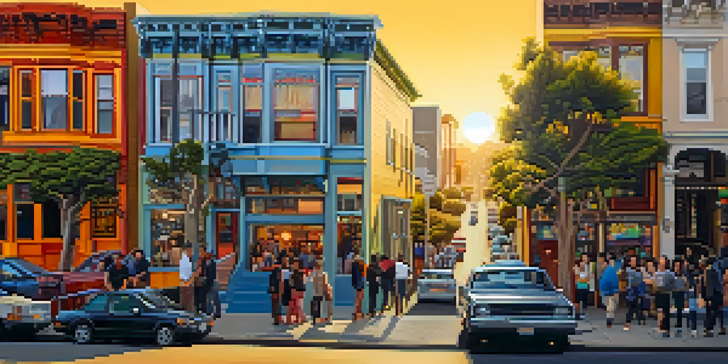 A lively street in the Mission District of San Francisco, filled with colorful murals, pedestrians, and trees, under a warm sunset.