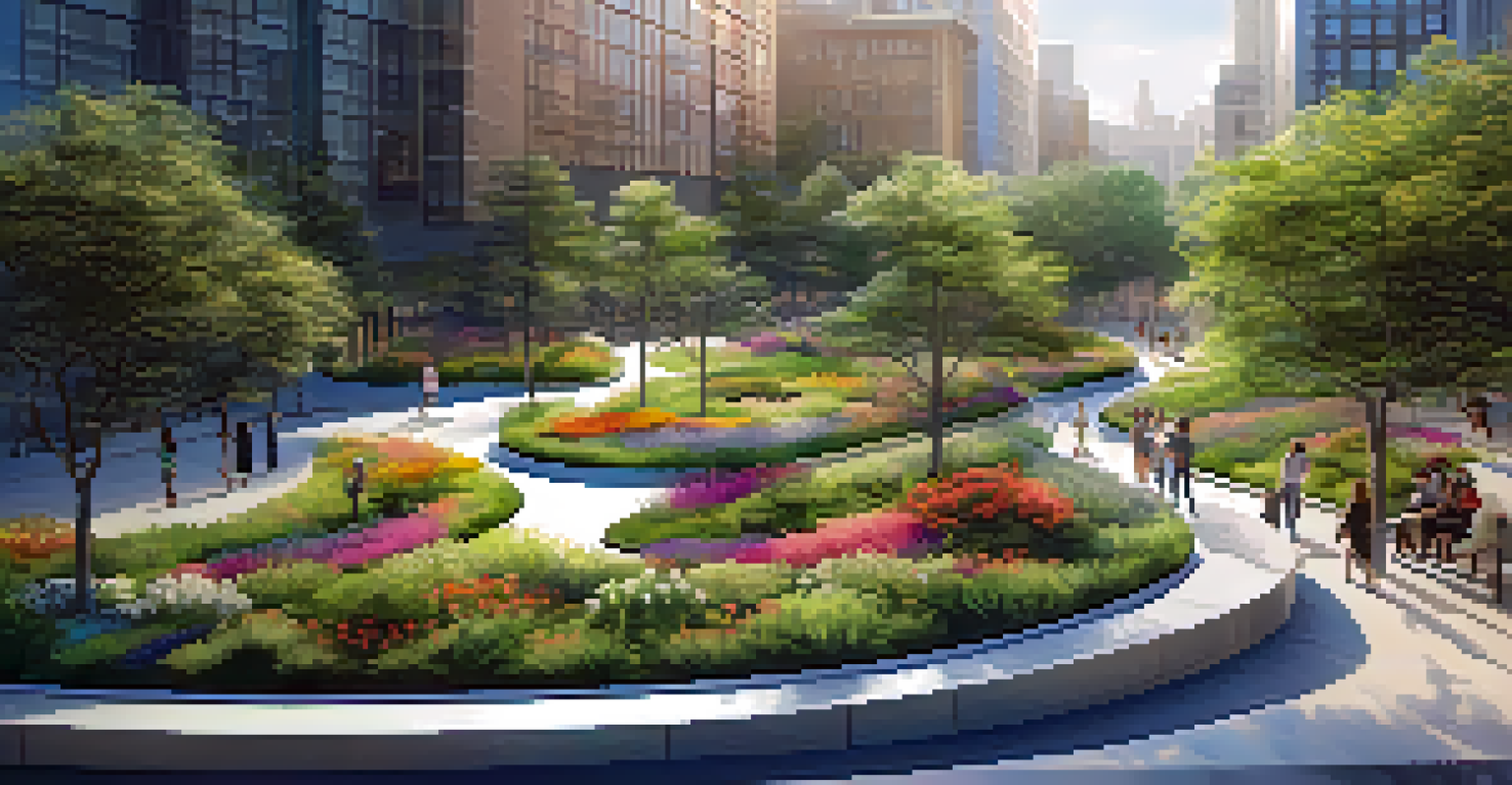 Aerial view of a lush green roof park with pathways and benches, filled with colorful plants, surrounded by urban buildings.