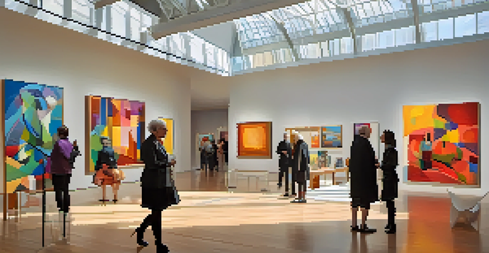 Interior view of the Contemporary Jewish Museum with colorful artworks and visitors interacting in a modern space.