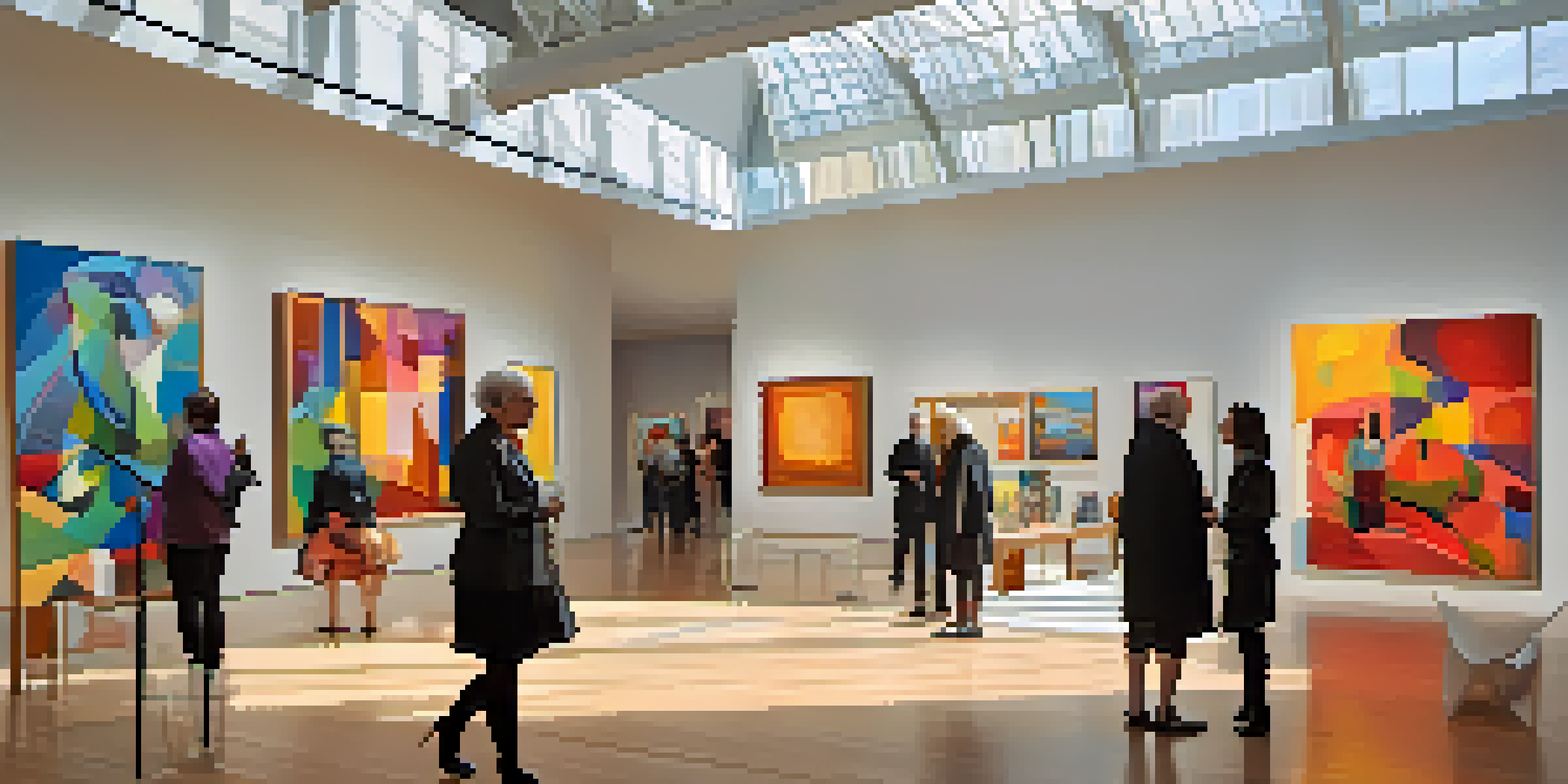 Interior view of the Contemporary Jewish Museum with colorful artworks and visitors interacting in a modern space.