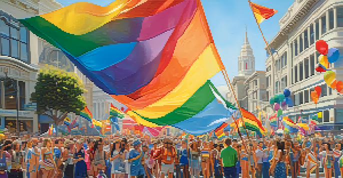 A lively crowd at the San Francisco Pride Parade, dressed in colorful costumes and holding banners, with the city's architecture in the background under a sunny sky.