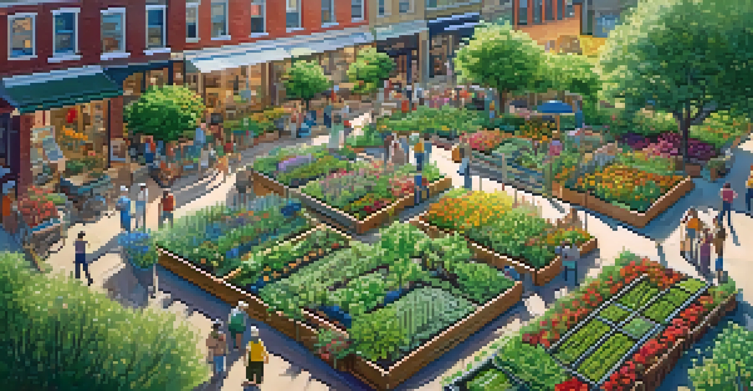 An aerial view of a community garden with diverse crops and flowers, surrounded by city life and volunteers working together.