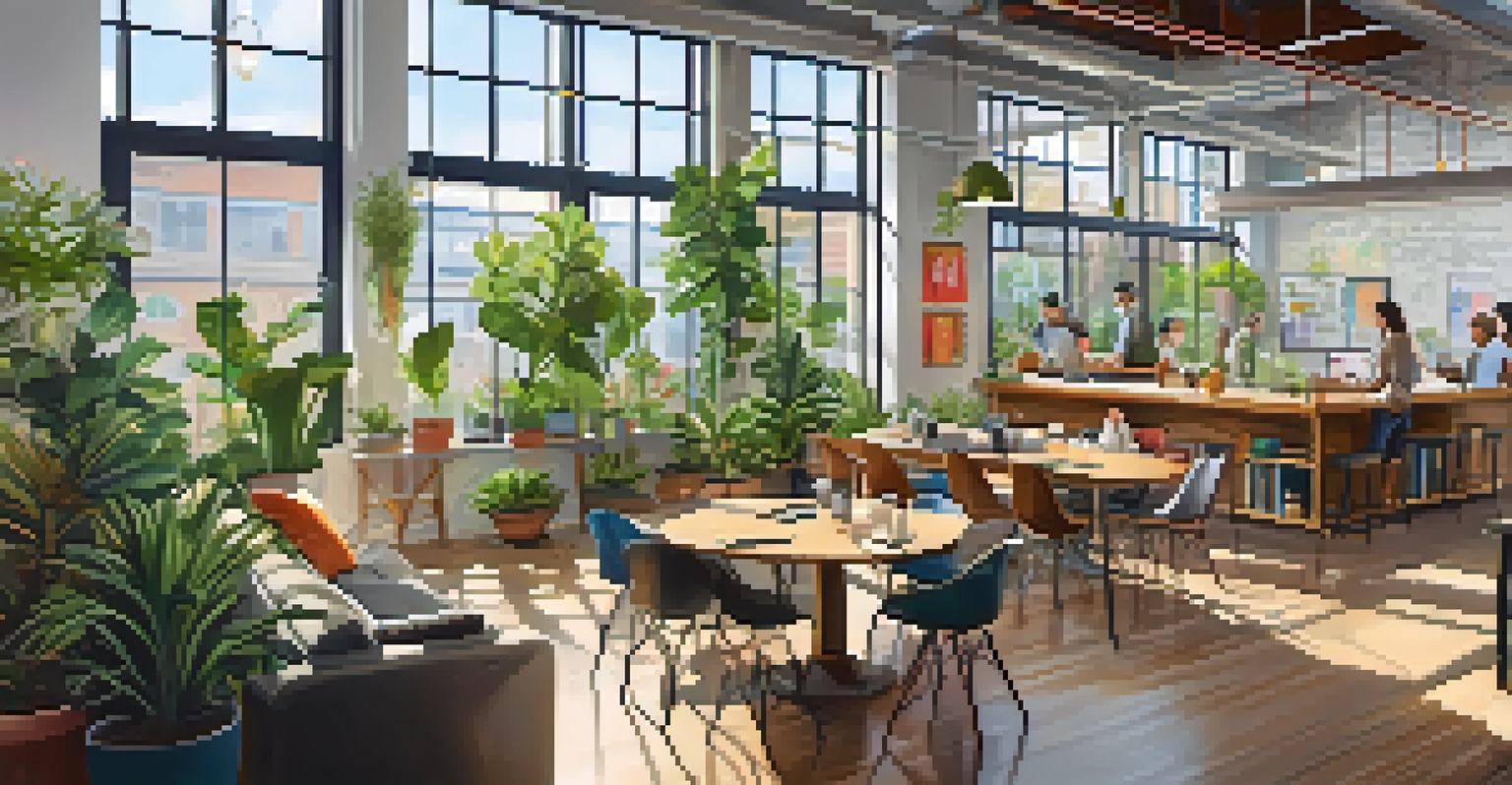 A modern coworking space full of diverse entrepreneurs working together in a bright, vibrant atmosphere.