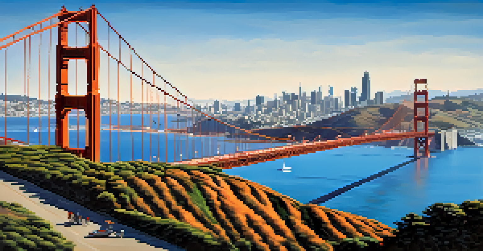 A stunning view of the Golden Gate Bridge with sailboats in the bay and the San Francisco skyline in the background on a clear day.