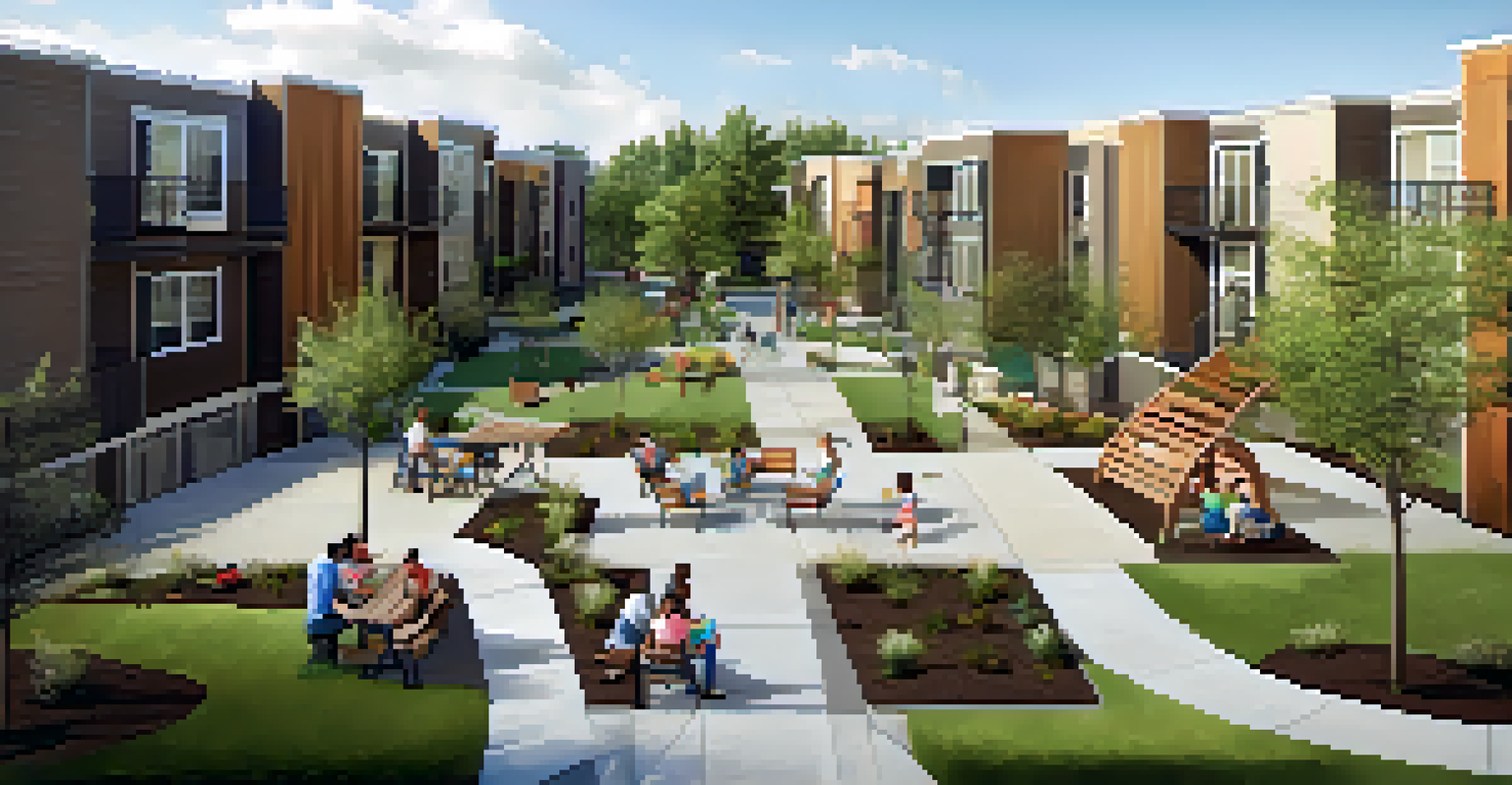 An outdoor community area in a multi-family housing development with residents enjoying shared amenities and greenery.