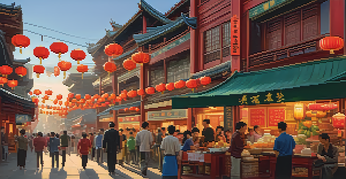 A lively street in Chinatown filled with colorful shops, people enjoying food, and traditional lanterns hanging above.