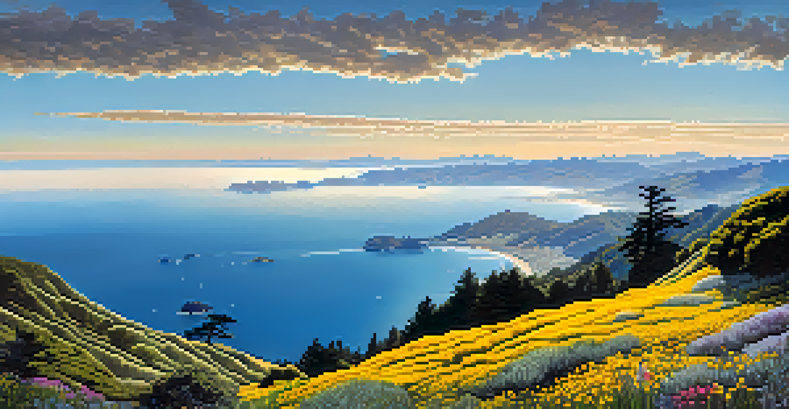 A panoramic view from the summit of Mount Tamalpais, showcasing the Bay Area and Pacific Ocean, with cyclists on the trails below and wildflowers in the foreground.