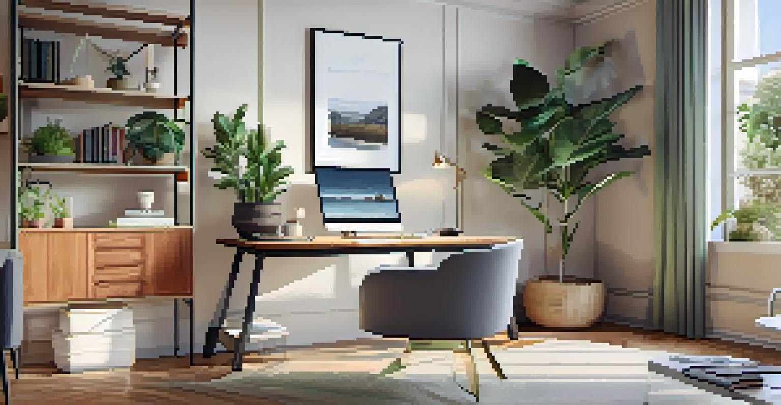 A cozy home office interior in a multi-family apartment, with a desk, laptop, and natural light from large windows.
