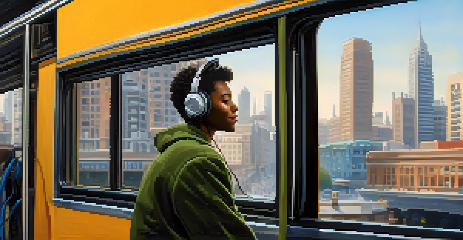 A calm commuter on a bus, smiling and practicing mindfulness while looking out at the busy city outside.