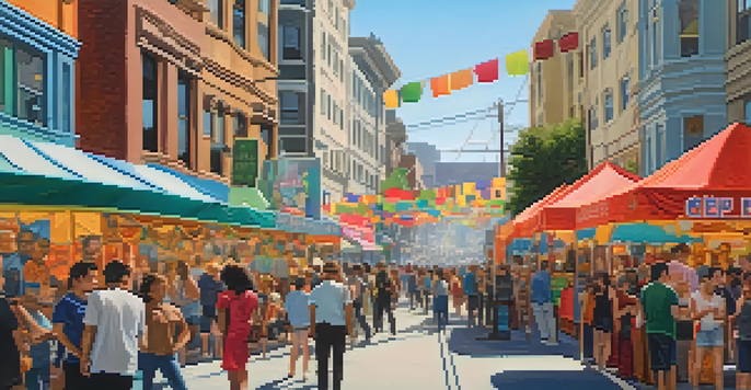 A lively street fair in the Tenderloin District with colorful stalls and local artists painting murals, filled with diverse community members enjoying the day.