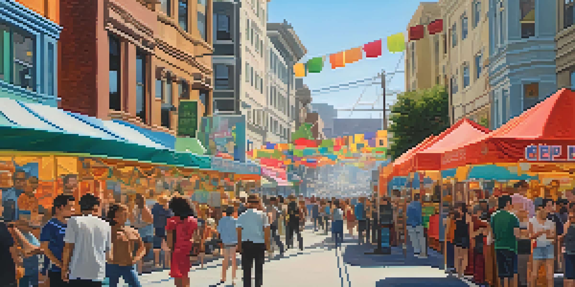A lively street fair in the Tenderloin District with colorful stalls and local artists painting murals, filled with diverse community members enjoying the day.