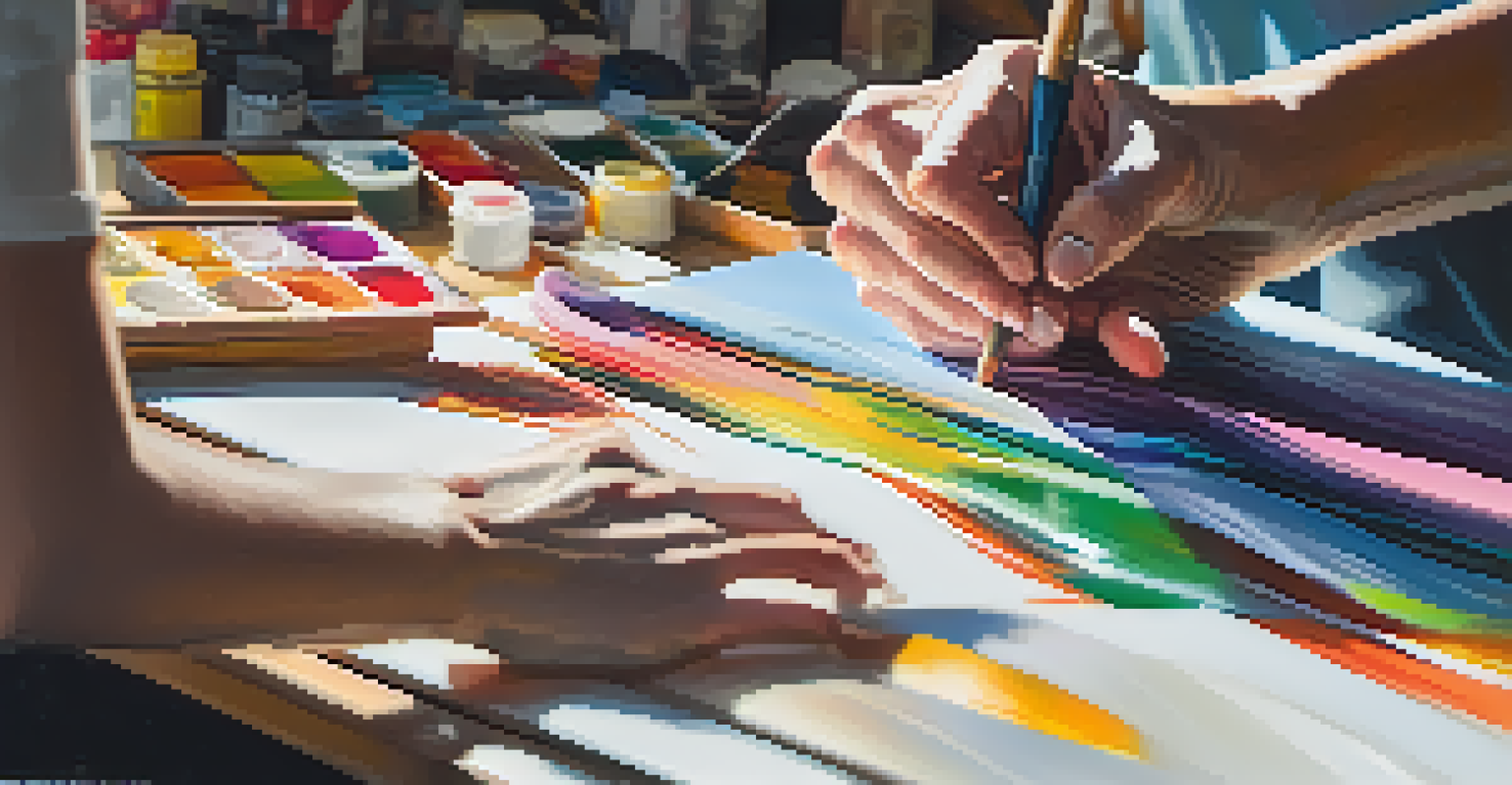 A close-up of an artist's hands painting on a canvas in a bright San Francisco art studio.