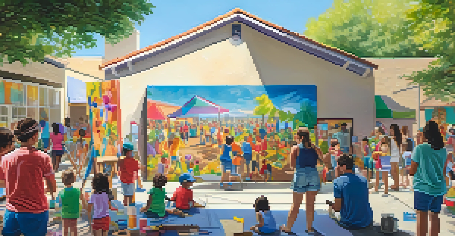 An outdoor community event where local artists are painting a mural with families and children participating.
